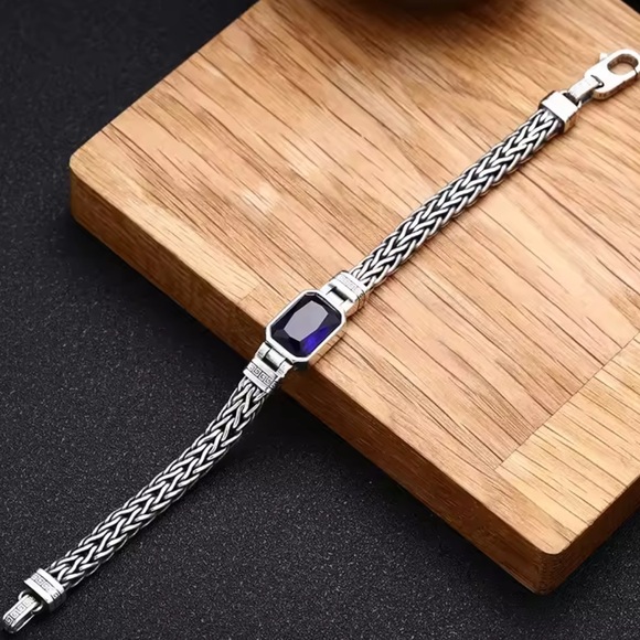 Sterling Silver Blue Zircon Braided Bracelet, Unisex, Handmade - Picture 14 of 15